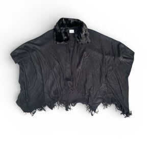 Black Fringe Poncho with Faux Fur Collar
